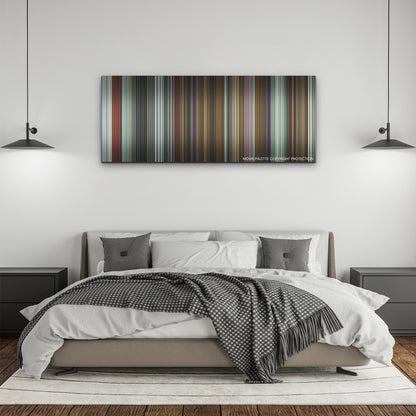 Infinity Pool color palette canvas above a bed, between two black pendant lamps
