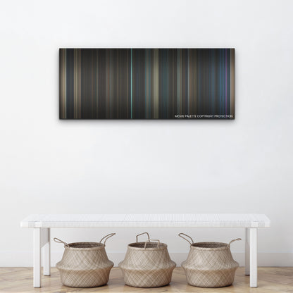 Haunted Mansion color palette canvas above a white bench with three woven baskets