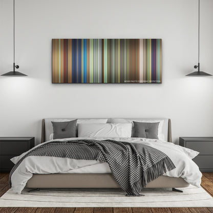 Chicken Run: Dawn of the Nugget color palette canvas above a bed, between two black pendant lamps