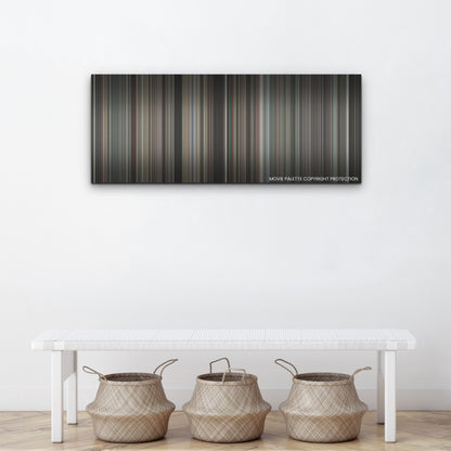 Wrath of Man color palette canvas above a white bench with three woven baskets