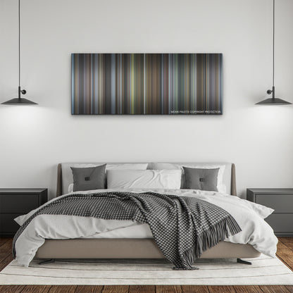 The Holdovers color palette canvas above a bed, between two black pendant lamps