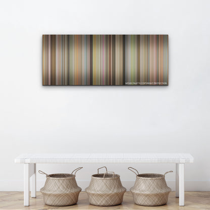 Unfrosted color palette canvas above a white bench with three woven baskets