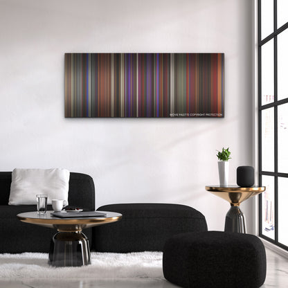 Last Night in Soho color palette canvas above a black sofa with a gold-topped table