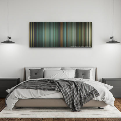 Land of Bad color palette canvas above a bed, between two black pendant lamps