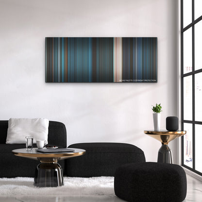 Escape Room: Tournament of Champions color palette canvas above a black sofa with a gold-topped table