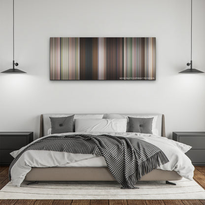 No Hard Feelings color palette canvas above a bed, between two black pendant lamps