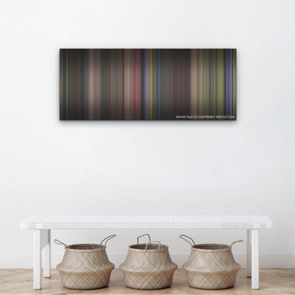 Lisa Frankenstein color palette canvas above a white bench with three woven baskets