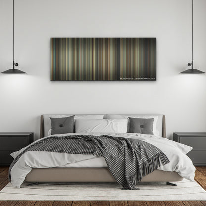 Reptile color palette canvas above a bed, between two black pendant lamps