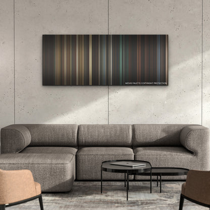 The Conjuring: The Devil Made Me Do It color palette canvas on a concrete wall above a gray sectional sofa