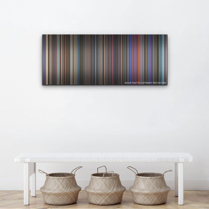 Elvis color palette canvas above a white bench with three woven baskets
