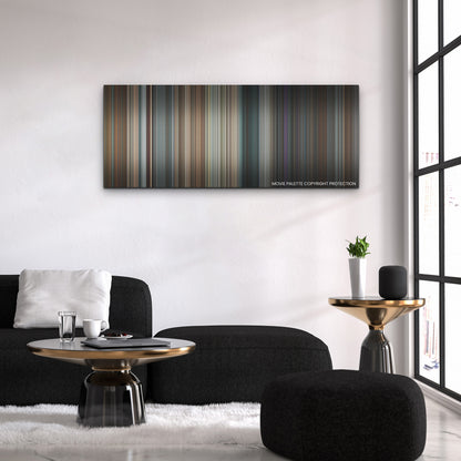 Scream color palette canvas above a black sofa with a gold-topped table