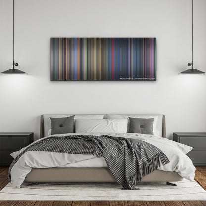 Lightyear color palette canvas above a bed, between two black pendant lamps