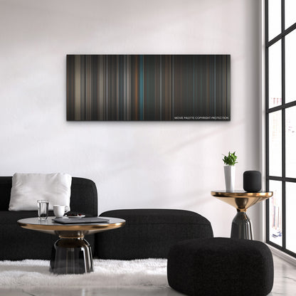 The Nun II color palette canvas above a black sofa with a gold-topped table