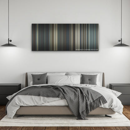 The Creator color palette canvas above a bed, between two black pendant lamps