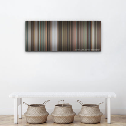 Dream Scenario color palette canvas above a white bench with three woven baskets