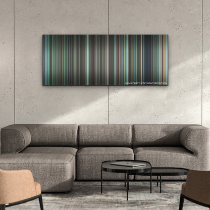 Decision to Leave color palette canvas on a concrete wall above a gray sectional sofa
