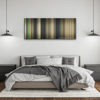Nope color palette canvas above a bed, between two black pendant lamps