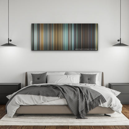 Jurassic World: Dominion color palette canvas above a bed, between two black pendant lamps