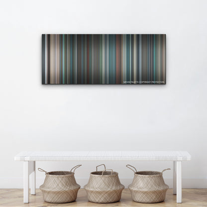 No Time to Die color palette canvas above a white bench with three woven baskets
