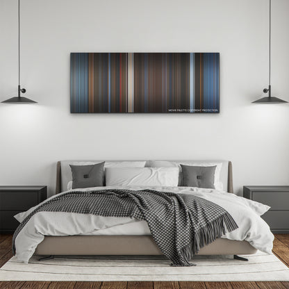 Mortal Kombat color palette canvas above a bed, between two black pendant lamps