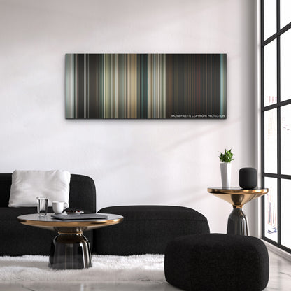 The Ministry of Ungentlemanly Warfare color palette canvas above a black sofa with a gold-topped table