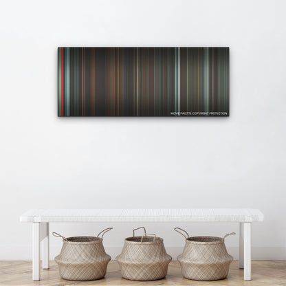 Longlegs color palette canvas above a white bench with three woven baskets