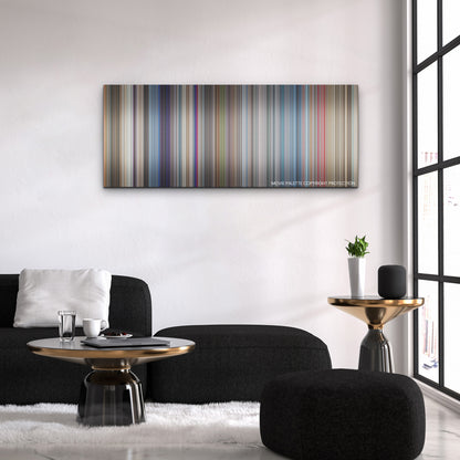 Lift color palette canvas above a black sofa with a gold-topped table