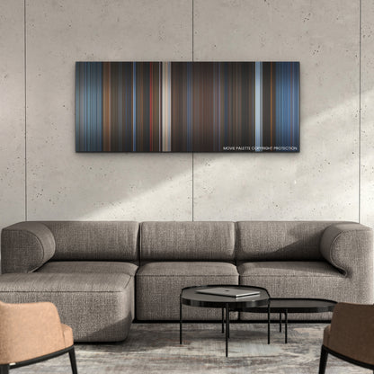 Mortal Kombat color palette canvas on a concrete wall above a gray sectional sofa