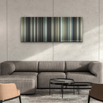 The Banshees of Inisherin color palette canvas on a concrete wall above a gray sectional sofa