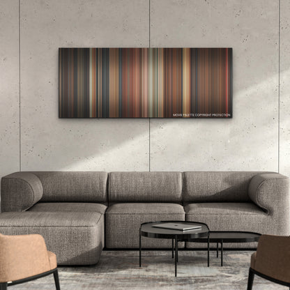 Terrifier 3 color palette canvas on a concrete wall above a gray sectional sofa