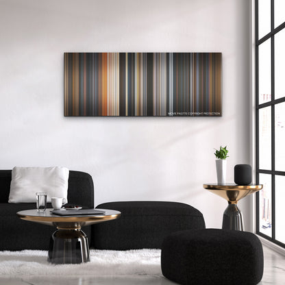 Guardians of the Galaxy Vol. 3 color palette canvas above a black sofa with a gold-topped table