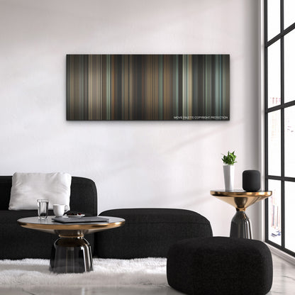 The Hunger Games: The Ballad of Songbirds & Snakes color palette canvas above a black sofa with a gold-topped table