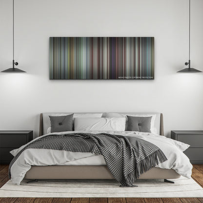 Armor color palette canvas above a bed, between two black pendant lamps