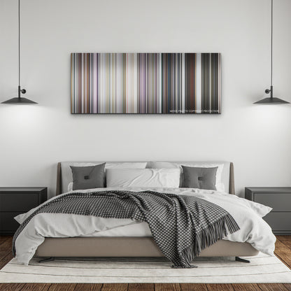 Missing color palette canvas above a bed, between two black pendant lamps