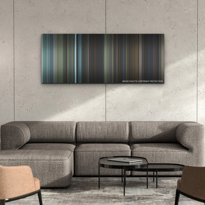 Insidious: The Red Door color palette canvas on a concrete wall above a gray sectional sofa
