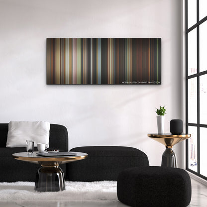 Beau Is Afraid color palette canvas above a black sofa with a gold-topped table