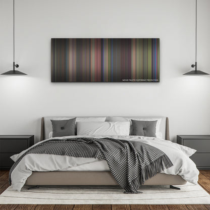 Lisa Frankenstein color palette canvas above a bed, between two black pendant lamps
