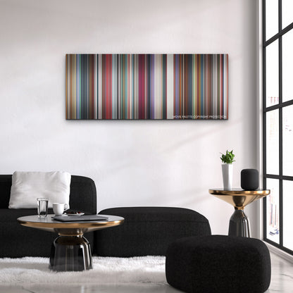 Nimona color palette canvas above a black sofa with a gold-topped table