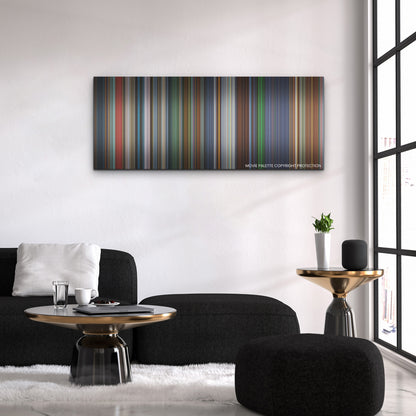 The Witcher: Nightmare of the Wolf color palette canvas above a black sofa with a gold-topped table