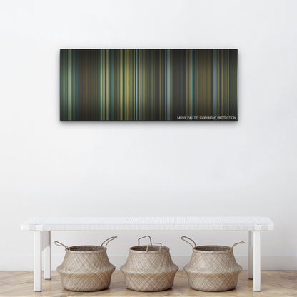 The Killer color palette canvas above a white bench with three woven baskets