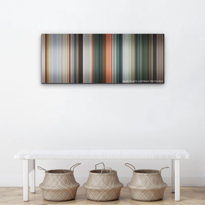 Wicked color palette canvas above a white bench with three woven baskets