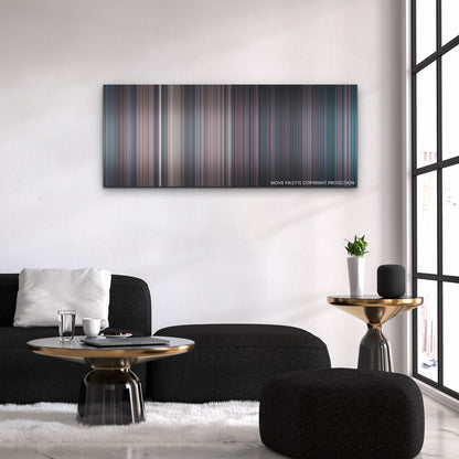 Terrifier 2 color palette canvas above a black sofa with a gold-topped table