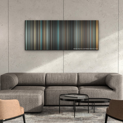 Zack Snyder's Justice League color palette canvas on a concrete wall above a gray sectional sofa