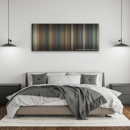 Ghostbusters: Frozen Empire color palette canvas above a bed, between two black pendant lamps