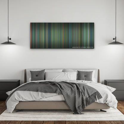 Joker: Folie à Deux color palette canvas above a bed, between two black pendant lamps