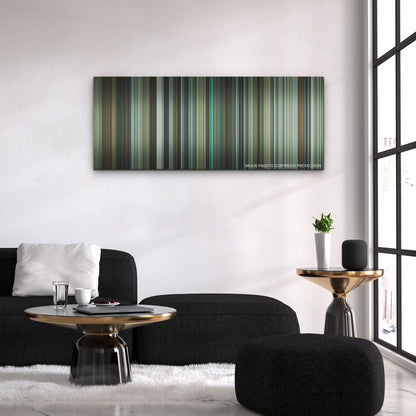Deep Water color palette canvas above a black sofa with a gold-topped table
