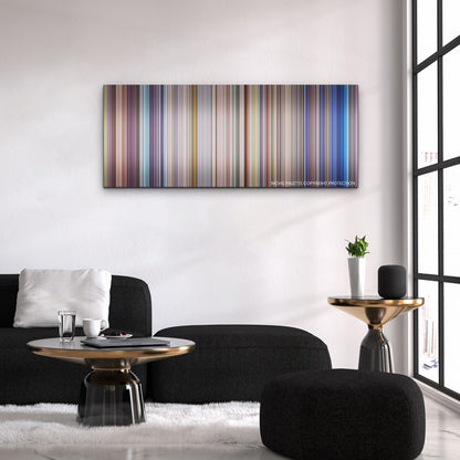 Sing 2 color palette canvas above a black sofa with a gold-topped table