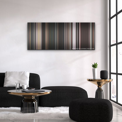 Pearl color palette canvas above a black sofa with a gold-topped table