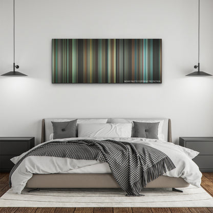 The Many Saints of Newark color palette canvas above a bed, between two black pendant lamps