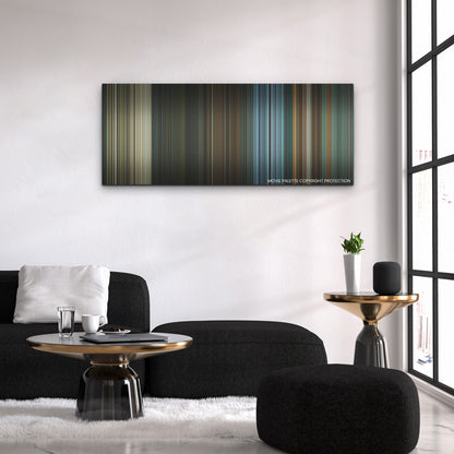 Boy Kills World color palette canvas above a black sofa with a gold-topped table